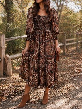 NWT Apricot Brown Paisley Smocked Midi Dress Boho Prairie Puff Sleeve